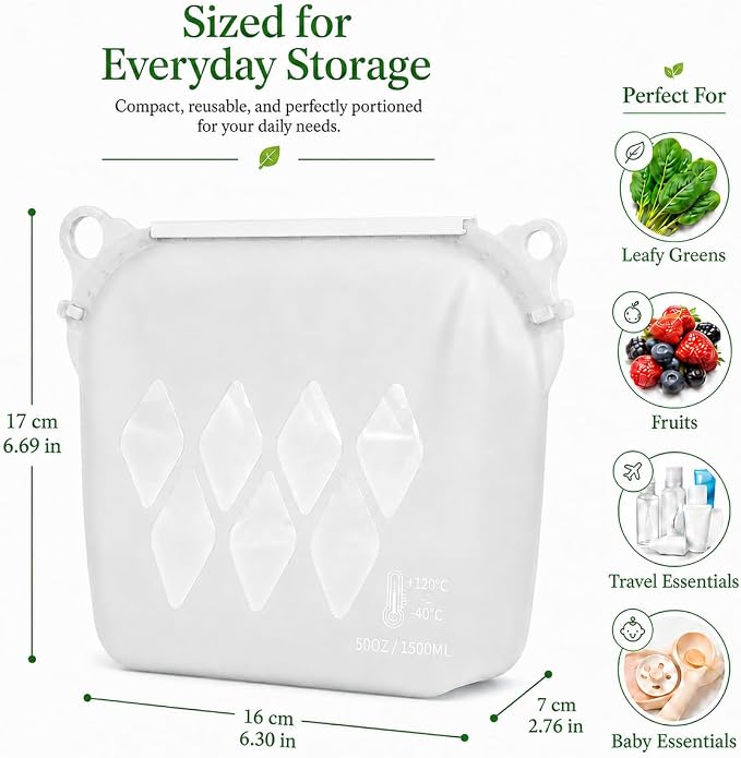 Yosmer Reusable Silicone Food Storage Bag, 50oz/1500ml Food-Grade Silicone Stand-Up Bag with Magnetic Self-Sealing Opening, Clear Windows, Freezer & Dishwasher Safe, White, 1 Pack