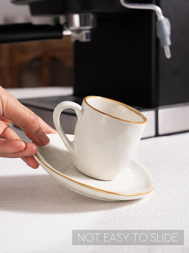famiware Ocean Espresso Cups with Saucers Set of 4, 3.34oz Espresso Cup Set, Coffee Mug Set for Latte, Macchiato, Stoneware Demitasse Cups Set for Cafe, Microwave&Dishwasher Safe, Cappuccino White