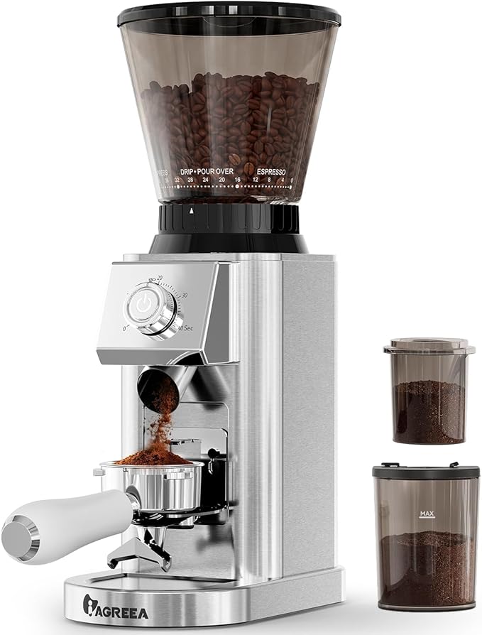 IAGREEA Conical Burr Coffee Grinder, 48 Grind Settings, 450RPM Low-Speed Anti-Static, Precision Timer, Portafilter Holder for Espresso, Drip, French Press, Cold Brew, Stainless Steel