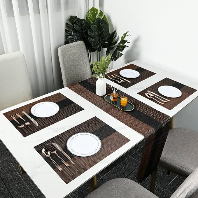 Placemats, Washable PVC Table Mats, Woven Vinyl Placemat for Dining Table Place Mats Set (6 placemats and 1 Table Runner, Black and Brown)