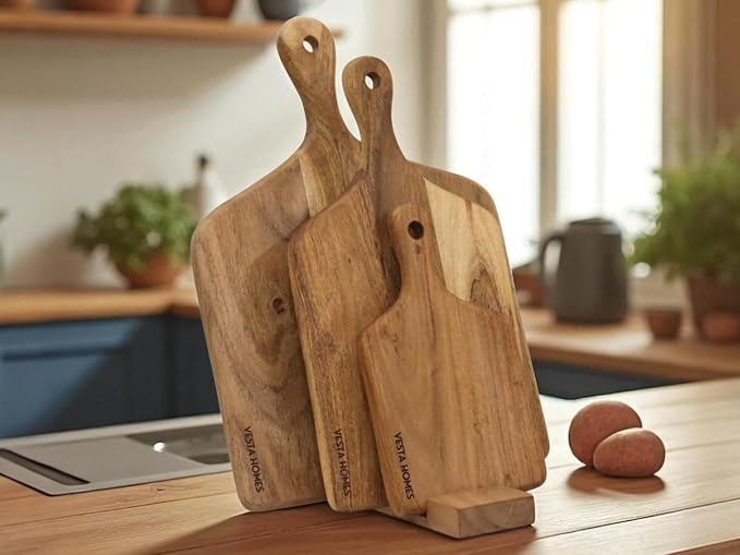 Vesta Homes Cutting Boards for Kitchen, Large Wood Chopping Board Set of 3 | Acacia Charcuterie Board, Cheese Platter | 16.5 * 12, 15 * 8, 10x6 Inches | Handcrafted in India