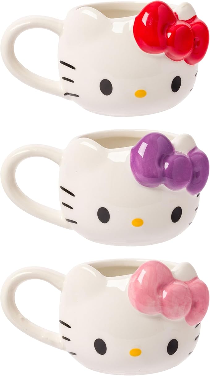 Silver Buffalo Sanrio Hello Kitty Different Color Bows 3 Pack Ceramic 3D Sculpted Mini Cup Set with Handles, Perfect as a Sugar, Cream, or Milk Set, 3.5 Ounces