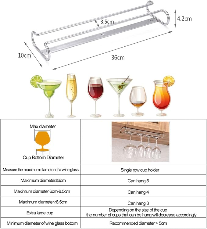 V3VOGUE 2 Pack Wine Glass Rack Under Cabinet, Hanging Wine Stemware Holder, Stainless Steel Wine Glasses Organizer Storage Hanger for Bar Kitchen Black Chrome (Color : Metallic, Size : 2pcs)