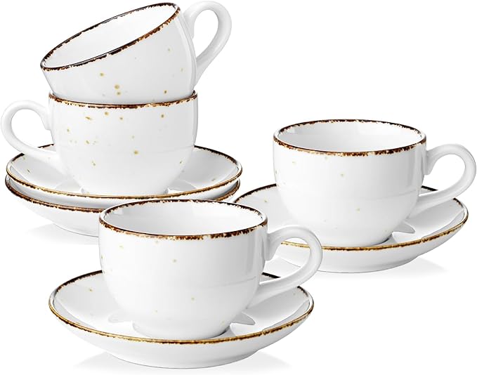 8oz Cappuccino Cups and Saucer, Porcelain Coffee Mugs, Latte Cups Set for Cappuccino, Espresso, Americano, Latte, Tea, Mocha, Microwave Dishwasher Safe, Set of 4, White