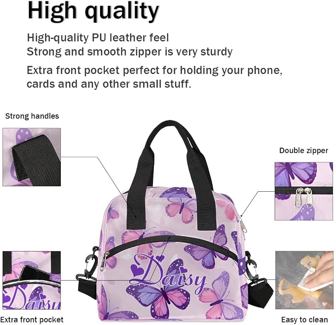 Personalized Butterfly Lunch-Bag for Women, Custom Insulated Cooler Lunch Box with Name, Leakproof-Reusable Lunch Tote Bag for Work Office Picnic - Pink Purple 4