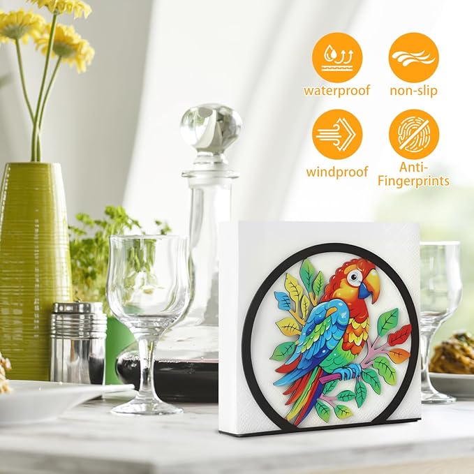 Modern Napkin Holder for Table Decor,Black Metal Napkin Dispenser fit Tissue Mail Bills Paper Towel Holders,Parrot Bird Tropical Napkin Holder,Napkin Stand for Home Kitchen Dining Restaurant Cocktail