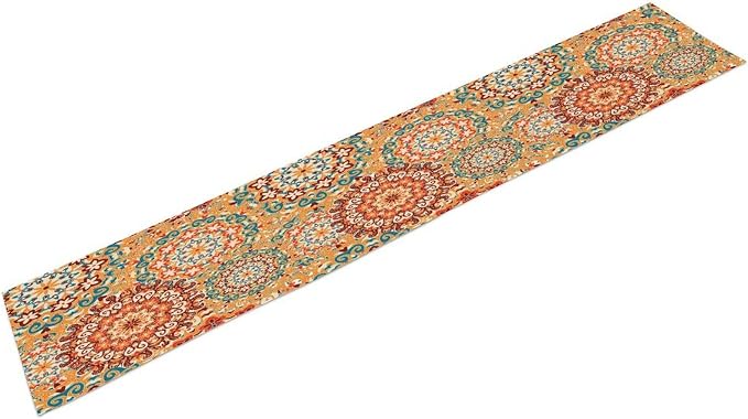 Boho Floral Table Runner, Vintage Rustic Orange Abstract Hippy Geometric Mandala Flower Table Decor Table Top Dining Kitchen Wedding Party 13x90 Inch