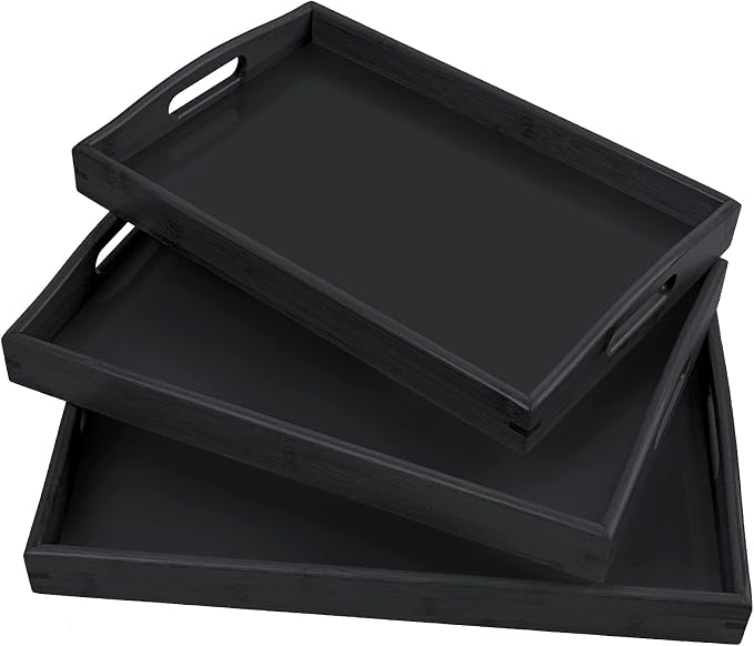 3 Pack Bamboo Serving Trays with Handles, Rectangular Kitchen Food Tray for Eating, Dinner Trays for Eating on Couch, Wood Serving Platter for Breakfast, Tea, Bar, Restaurant, Party or Bed (Black)