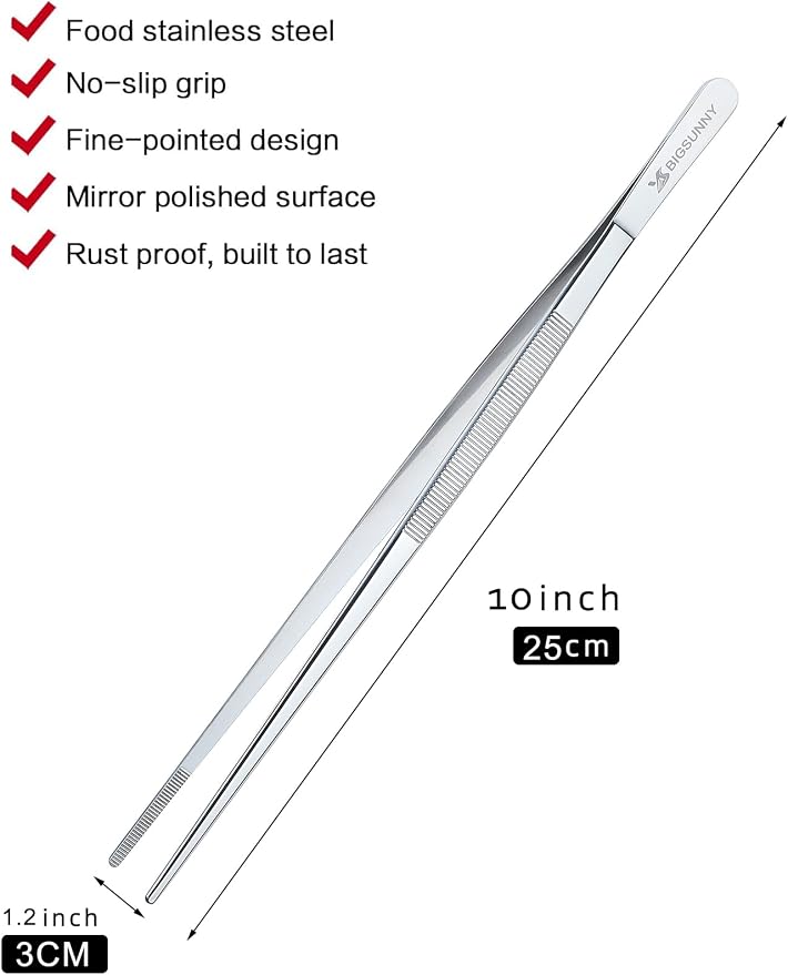 MSY BIGSUNNY 10 Inch Kitchen Food Tweezers Fine Stainless Steel Tweezer Tongs, Multi-function Kitchen Serving Tongs - Set of 2