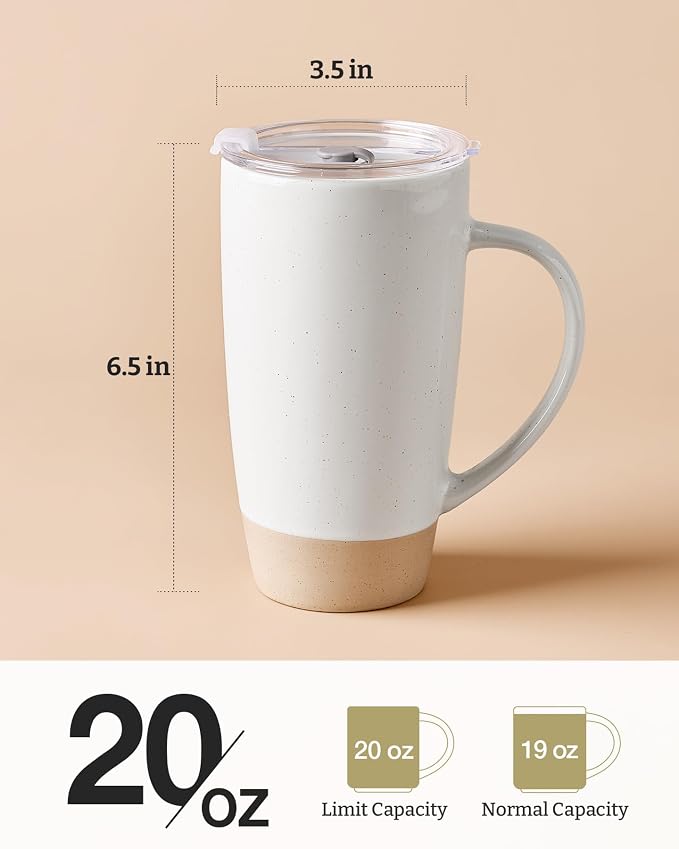 famiware Milkyway Coffee Mugs, 20oz Large Coffee Mug, Ceramic Mug Set of 2 with Lid, Cup Set with Handle for Latte, Tea, Cocoa, Milk, Home & Office, White