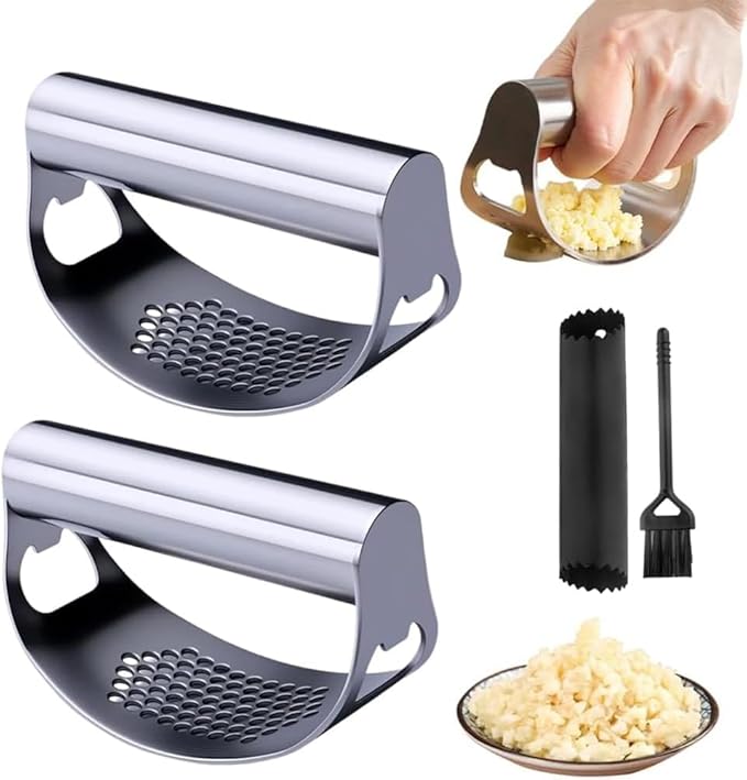 Stainless Steel Garlic Press Rocker, 2025 Upgrade Mincer and Chopper with Garlic Peeler & Clean Brush, Portable Garlic Press Rocker Tool for Smashing Garlic Kitchen Utensils Gadget (2PCS)