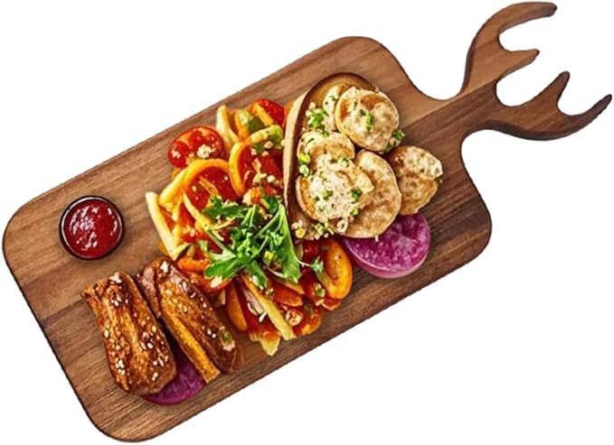 Acacia Wood Serving Board with Handle - 13" x 6" Wooden Cute Design Food Serving Tray for Kitchen Appetizers, Wooden Cutting Chopping Board for Meat, Vegetables, Bread, Cheese Board