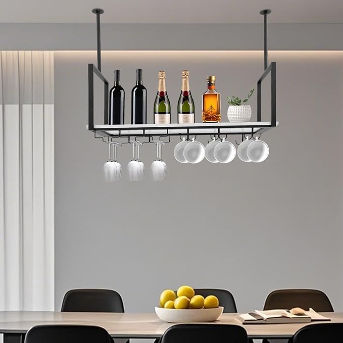 Hanging Wine Rack with Glass Holder and Shelf Metal Ceiling Bar Wine Glass Rack Industrial Wall Mounted Floating Shelve Perfect for Bar Cafe Kitchen Restaurant