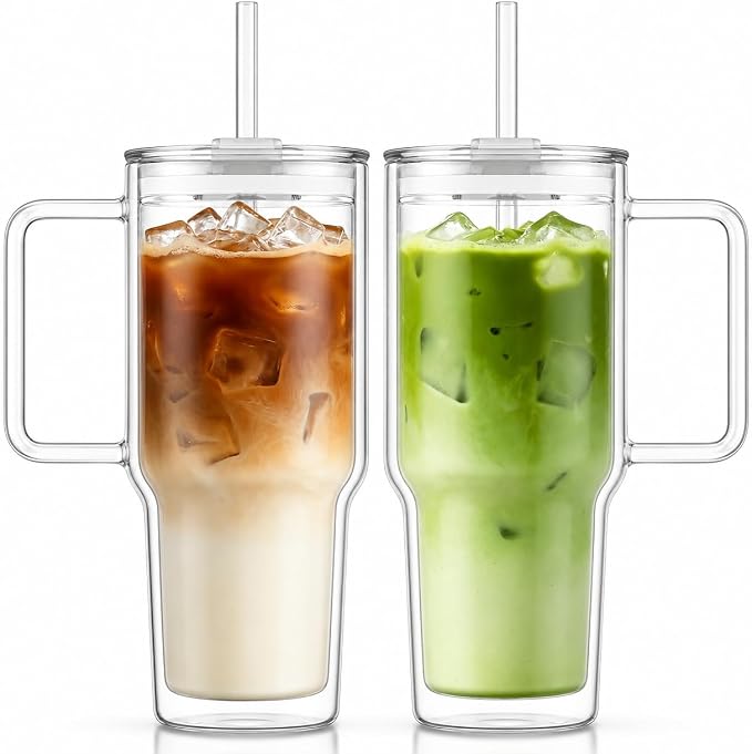 KEMORELA 2 Pack 28oz Double Wall Glass Tumblers with Handle, Lids & Straws – Large Insulated Clear Glass Coffee Cups for Iced Coffee, Matcha, Smoothies, Bubble Tea & Cold Drinks