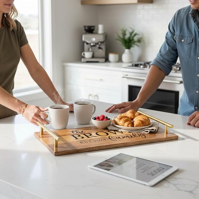 Premium Personalized Acacia Wood Serving Tray with Handles – Custom Engraved Charcuterie Board Tray – Unique Wedding & Housewarming Gift