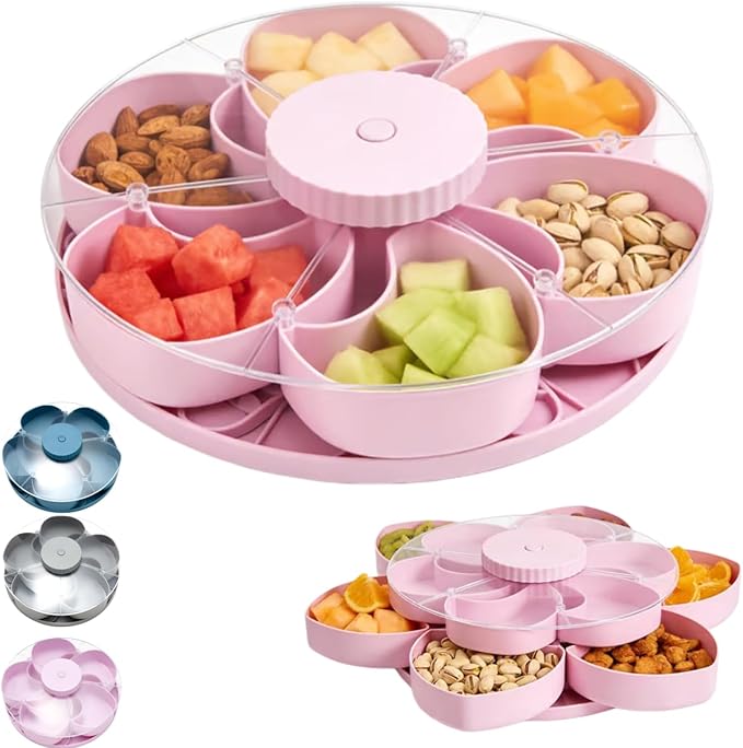 Divided Serving Tray That Spins - Perfect for Snacks, Dips & Party Appetizers, Rotating Snack Box Container with Lid, Lazy Susan Organizer Veggie Fruit Tray for Kitchen,Travel and Picnic (Pink)