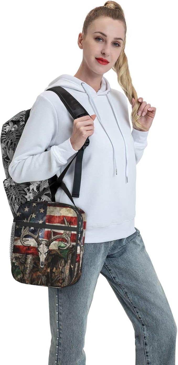Gianlaima Camo Camouflage American Flag Skull Deer Insulated Lunch Box For Women Man, Portable Lunch Bag Reusable Cooler Tote For Office Work Travel Picnic Camping Beach