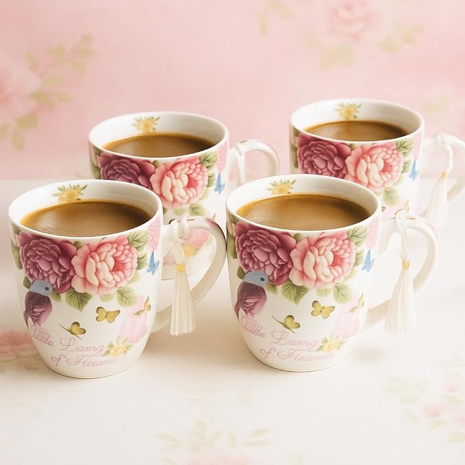 London Boutique Tea Coffee Cup Mug Set 4 Porcelain Bird Rose Butterfly Shabby Chic design in Gift Box 330ML 11oz