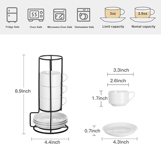 YOLIFE 2.5oz Espresso Cups Set of 4, Porcelain Stackable Espresso Cups with Saucers and Metal Stand, Expresso Shots Cup -White