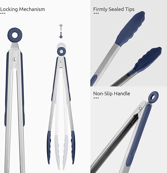 600ºF Heat Resistant Kitchen Tongs: U-Taste 7/9/12 inch Silicone Cooking Tong Set with Non Stick Rubber Tips and Silicon Coated 18/8 Stainless Steel Handle for Serving Grilling Salad(Midnight Blue)