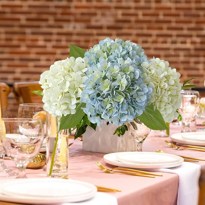 JINWOE Light Blue Hydrangea Artificial Flowers,4Pcs 20" Real Touch Lifelike Silk Artificial Hydrangeas, Full Fake Flowers for Bouquet Table Centerpieces Spring Wedding Indoor Home