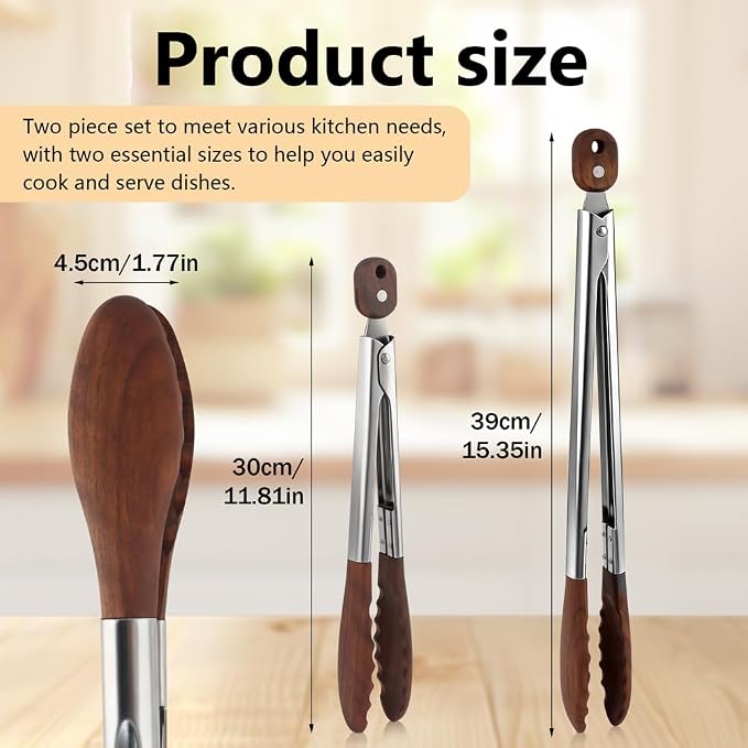 Wooden Tongs for Cooking, Stainless Steel Salad Tongs with Walnut Wood Tip, Multifunctional Stainless Steel Handle Kitchen Tong for Serving Food, Bread, BBQ, Tossing Salad(COLOR:2 pcs)