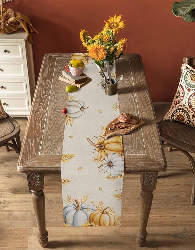 Fall Pumpkins Table Runner - 72 Inch Long, Grey Golden-yellow Pumpkin Thanksgiving Dining Table Runner Dresser Scarves, Maple Leaf Farm Harvest Decor for Coffee Table Wedding Party Banquet, 18x72 in