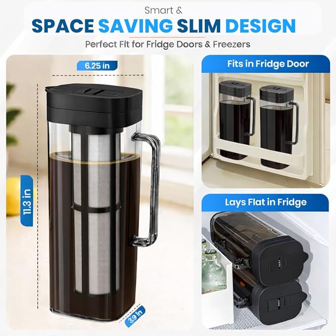 SlimFit 64oz Cold Brew Coffee Maker, Leakproof and fits for fridge door, RV Essentials - BPA-Free Plastic with filter, Large 2L capacity, Iced Tea, Fruit Infused Pitcher, RV Accessory