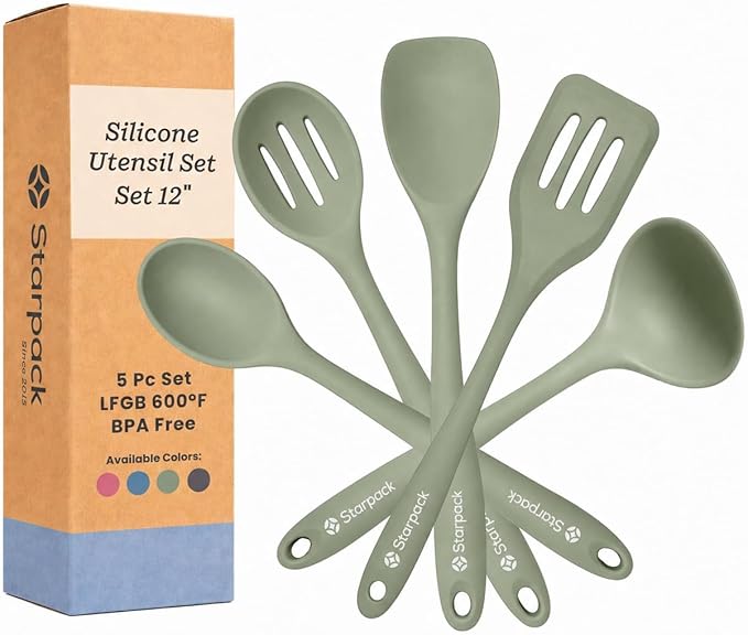 Starpack Stir and Serve Silicone Cooking Utensils Set (5-Piece, 11") - LFGB Non Toxic, 600°F Heat Resistant, BPA-Free - One-Piece Seamless, Dishwasher Safe - for Nonstick Cookware, Sage Green