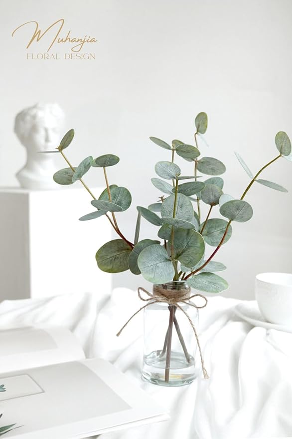 Muhanjia Artificial Eucalyptus Stems in Glass Vase with Faux Water,3Pcs Fake Plant with Double-Sided Green Leaves for Centerpiece(Double-Sided Green Eucalyptus)