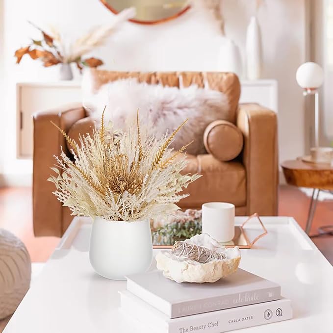 Hollyone Faux Pampas Grass with Vase, Artificial Pampas Grass Flowers Bouquet Plant Fluffy Boho Home Decor Fake Pompass Pompous Grass Floral Arrangement for Wedding Party Table Room Decorations White