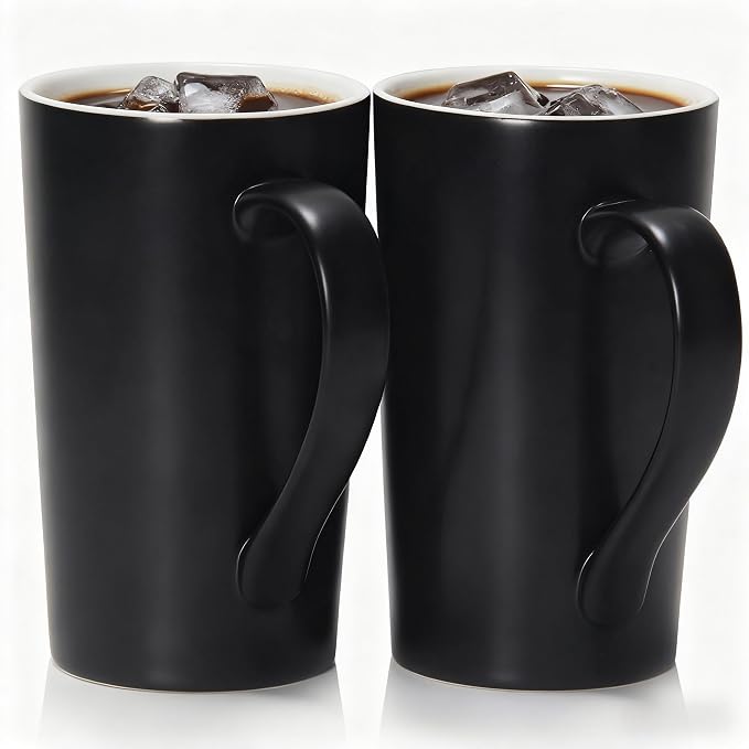 20 OZ Large Diner Coffee Mugs,Tall Beer Cups,Matte Black Couple's Cups with Handle,Oversized Cylindrical Design Modern Ceramic Tea Cup for Dad Mom Friends Gift.Set of 2