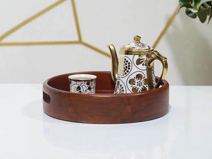 Vesta Homes Premium Wood Round Serving Tray for Home/Kitchen/Restaurant/Office Organizer/Dining Table | Premium Serving Trays | 30.5 x 30.5 x 5 cm | Handcrafted in India