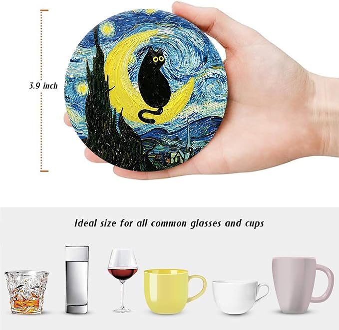 Drink Absorbent Coasters with Holder Set of 6, Ceramic Stone with Cork Base, Cute Black Cat and Art Design Coaster for Drinks, Gift for Housewarming Room Bar Home Decor Kitchen
