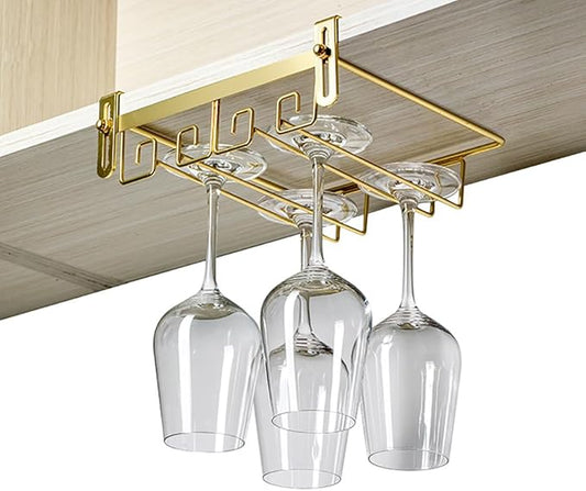 CAKERS Creative Wine Glass Holder|Under Cabinet Iron Art Stemware Rack|Hanging Wine Glass Drying Holder For Kitchen Bar Restaurant,Gold,2 Rows
