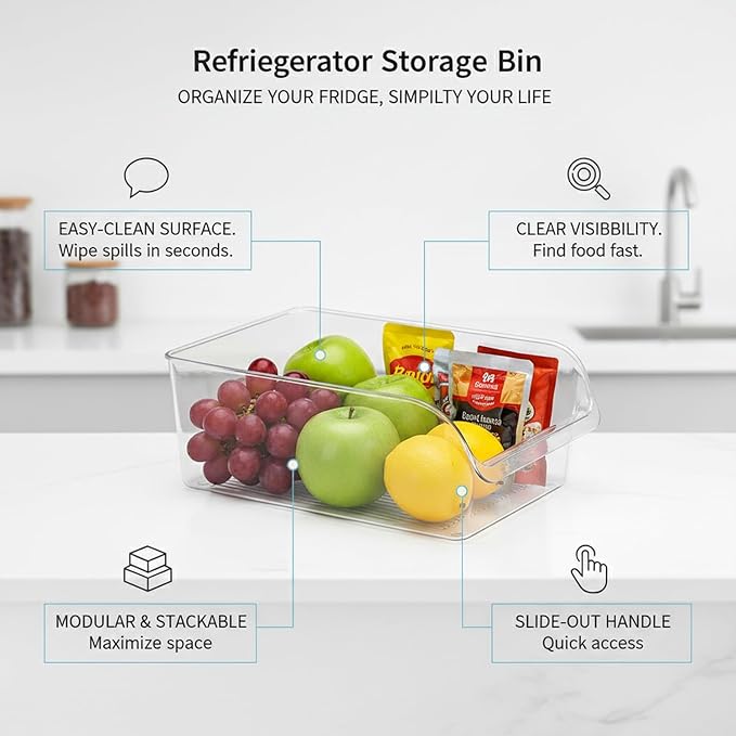Refrigerator Storage Bin for Organization, Clear PET Plastic Food Container with Handles, Slide-Out Organizer Box for Fridge Shelves, Pantry, and Countertop, 10.2 x 7.1 x 3.1 Inches