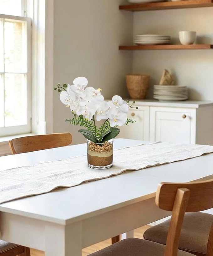 Oairse White Orchids Artificial Flowers with Vase Faux Orchids Plant in Pot | 13.7“ Phalaenopsis Orchid Flower Arrangements White Centerpiece for Kitchen Dining Room Table Bathroom Shelf Desk Decor