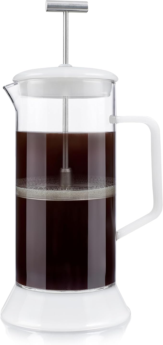 Teabloom Toulouse Borosilicate Glass Tea Press and Coffee Maker with No Plastic, 24-Ounce (700 mL) - Frost White