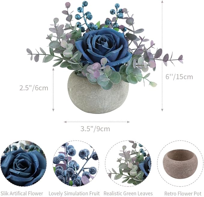 Small Artificial Blue Rose Potted Plant, 6" Fake Silk Flowers in 3.5" Round Pot, Mini Faux Floral Arrangement for Desk Shelf Bathroom Decor