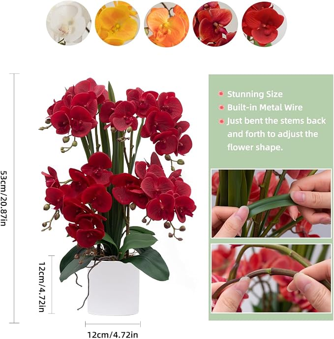CXGS Artificial Orchid Flower Plants Real Touch Faux Orchids in Ceramic Vase 20.9'' Red Phalaenopsis Orchid Fake Flower Arrangement Home Indoor Decor