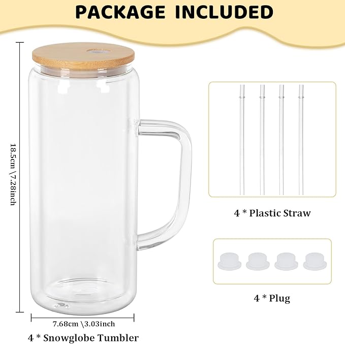 20 Oz Snow Globe Glass Cup With Handle, 4 Pack Pre-Drilled Double Wall Glass Coffee Mug For Snowglobe Diy Glitter, Double Wall Snow Globe Tumbler with Bamboo Lid