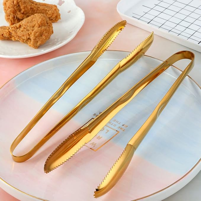 Stainless Steel Cooking Tongs for Frying, 9 Inches Serving Tongs Appetizers Charcuterie with Teeth for Parties, Food Tongs Kitchen Tongs for Nonstick Cookware, Set of 2 (Gold)