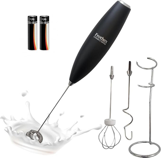 Milk Frother Handheld - 3-in-1 Electric Whisk with Stand & Batteries - Coffee Foam Maker for Latte, Cappuccino, Matcha - Black