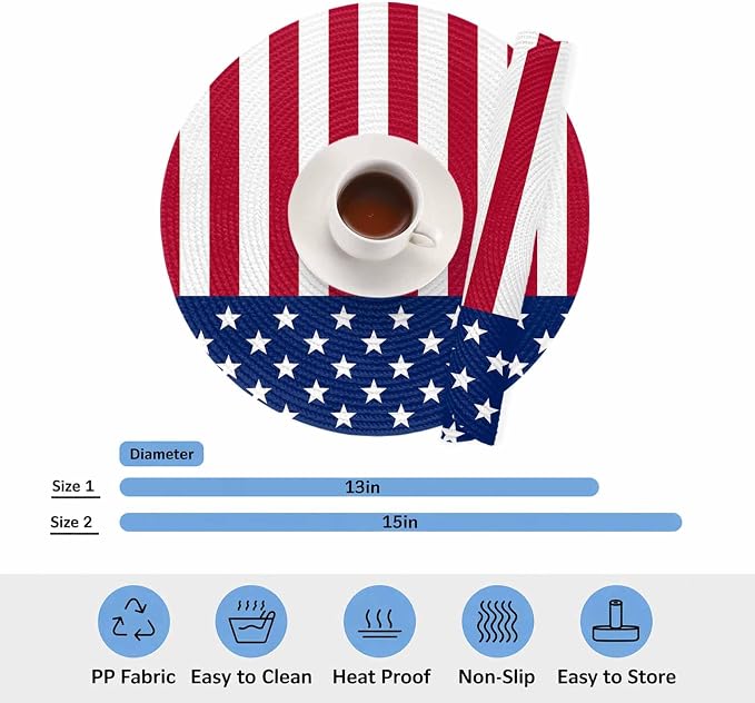 4th of July Round Placemats Set of 2 American Flag Place Mats Independence Day Woven Placemat Red White and Blue Star Stripes Circle Braided Table Mat for Kitchen Dining Table Party Decor 15 Inch