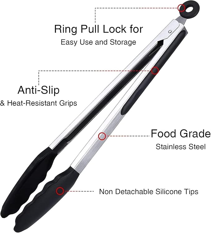 12 Inch Kitchen Tongs, Cooking Tongs with Silicone Tips and Stainless Steel Handle, Non Stick Heat Resistant Tongs for Cooking, Buffet, Salad Serving (12", Black)