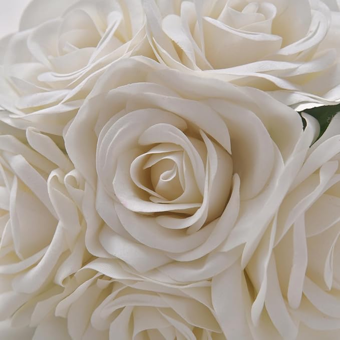 Fule Artificial Silk Rose Flower Centerpiece Arrangement in Glass Vase with LED Light for Home Wedding Decoration (Ivory)