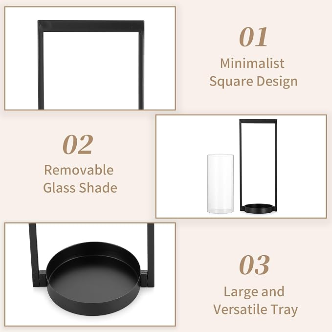 Sziqiqi Hurricane Candle Holder for Pillar: Black Modern Candle Holders for Table Centerpiece - Geometric Candle Stand Set of 2 with Glass for Living Room Fireplace Christmas Decor