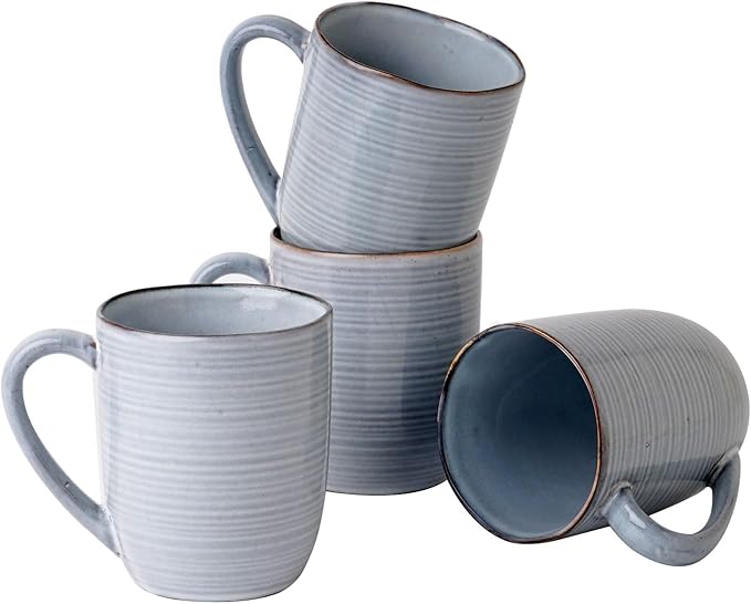 famiware Tempus Coffee Mugs Set of 4, 14 oz Coffee Cup Set, Stoneware Mugs with Handle for Coffee, Tea, Cocoa, Milk, Cappuccino, Microwave Safe - Pearl Blue