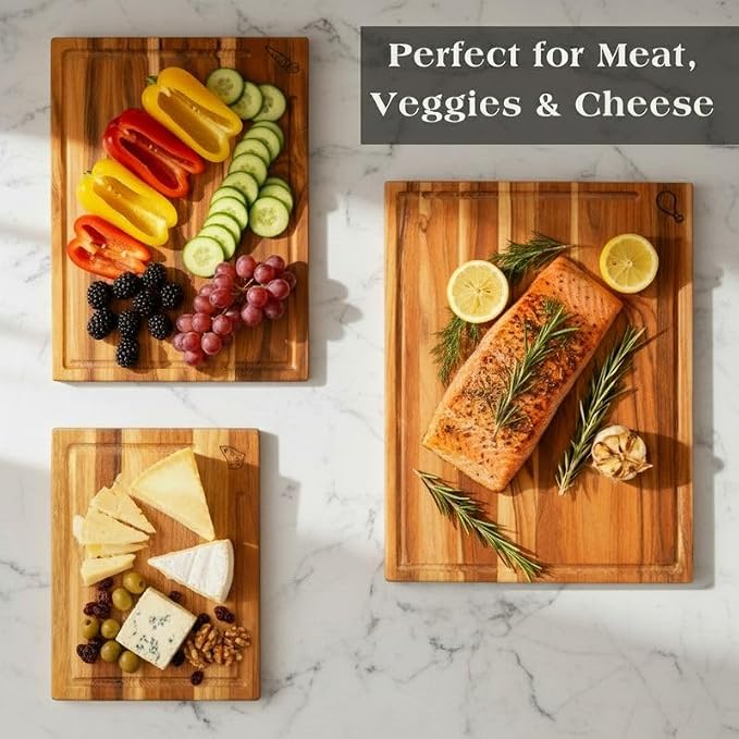 Acacia Wood Cutting Board Set of 3 with Stand, Thick Butcher Block Boards w/Deep Juice Grooves for Meat Prep & Serving, Premium Solid Hardwood, Non-Toxic, BPA-Free by New M Way