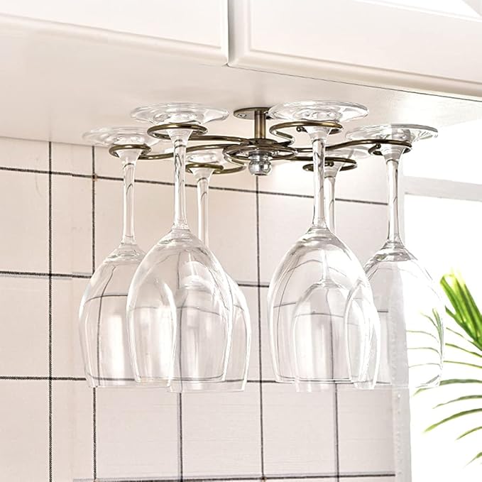 360° Rotation Hanging Wine Glass Rack,Under Cabinet Stemware Rack,Metal Glass Hanger Drying Rack With 6 Hooks for Home and Bar Storage